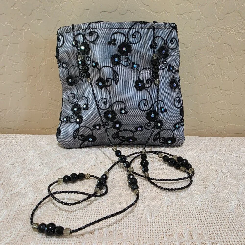 Black Lace Silver Satin Embellished Black Glass Beaded Strap Evening Bag Purse